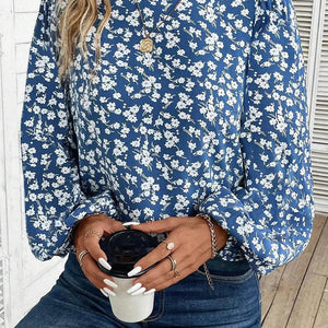 Printed Round Neck Balloon Sleeve Blouse