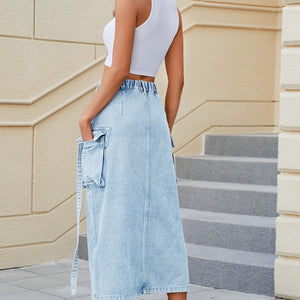 Slit Pocketed High Waist Denim Skirt