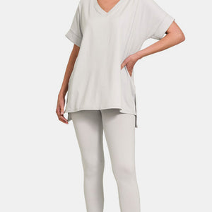 Zenana V-Neck Rolled Short Sleeve T-Shirt and Leggings Lounge Set