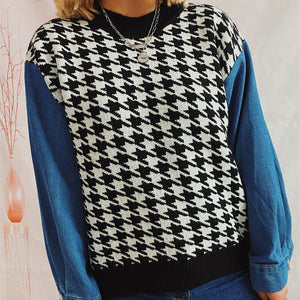 Houndstooth Denim Sleeve Sweater