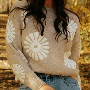 Perfee Flower Round Neck Long Sleeve Sweater