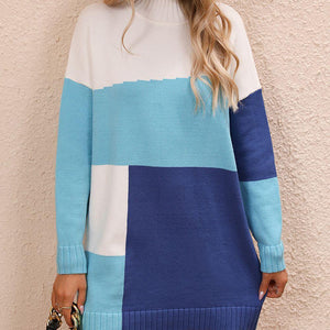 Color Block Mock Neck Dropped Shoulder Sweater Dress