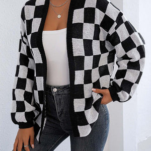 Checkered Open Front Long Sleeve Cardigan