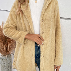 Fuzzy Button Up Hooded Jacket