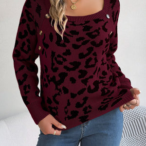 Leopard Buttoned Square Neck Sweater