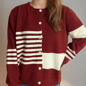 Striped Color Block Round Neck Cardigan