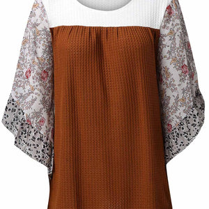 Full Size Printed Round Neck Three-Quarter Sleeve Blouse