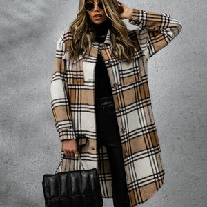 Plaid Collared Neck Long Sleeve Coat