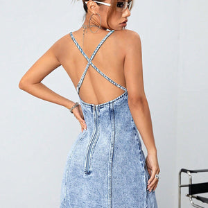 Slit Surplice Spaghetti Strap Denim Dress