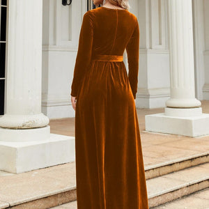 Tie Front Round Neck Long Sleeve Maxi Dress