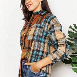 Double Take Plaid Curved Hem Shirt Jacket with Breast Pockets