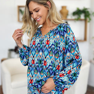 Double Take Full Size Printed Balloon Sleeve Blouse