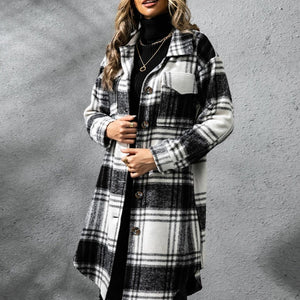 Plaid Collared Neck Long Sleeve Coat