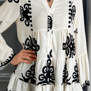 Tiered Printed Notched Long Sleeve Blouse