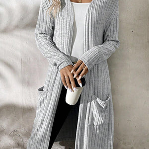 Ribbed Open Front Long Sleeve Cardigan with Pockets