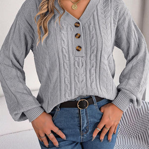 Cable-Knit V-Neck Long Sleeve Sweater