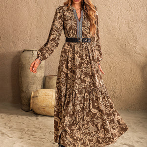 Ruched Printed Notched Long Sleeve Maxi Dress