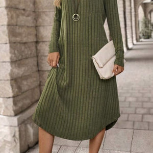 Ribbed Curved Hem Round Neck Long Sleeve Dress