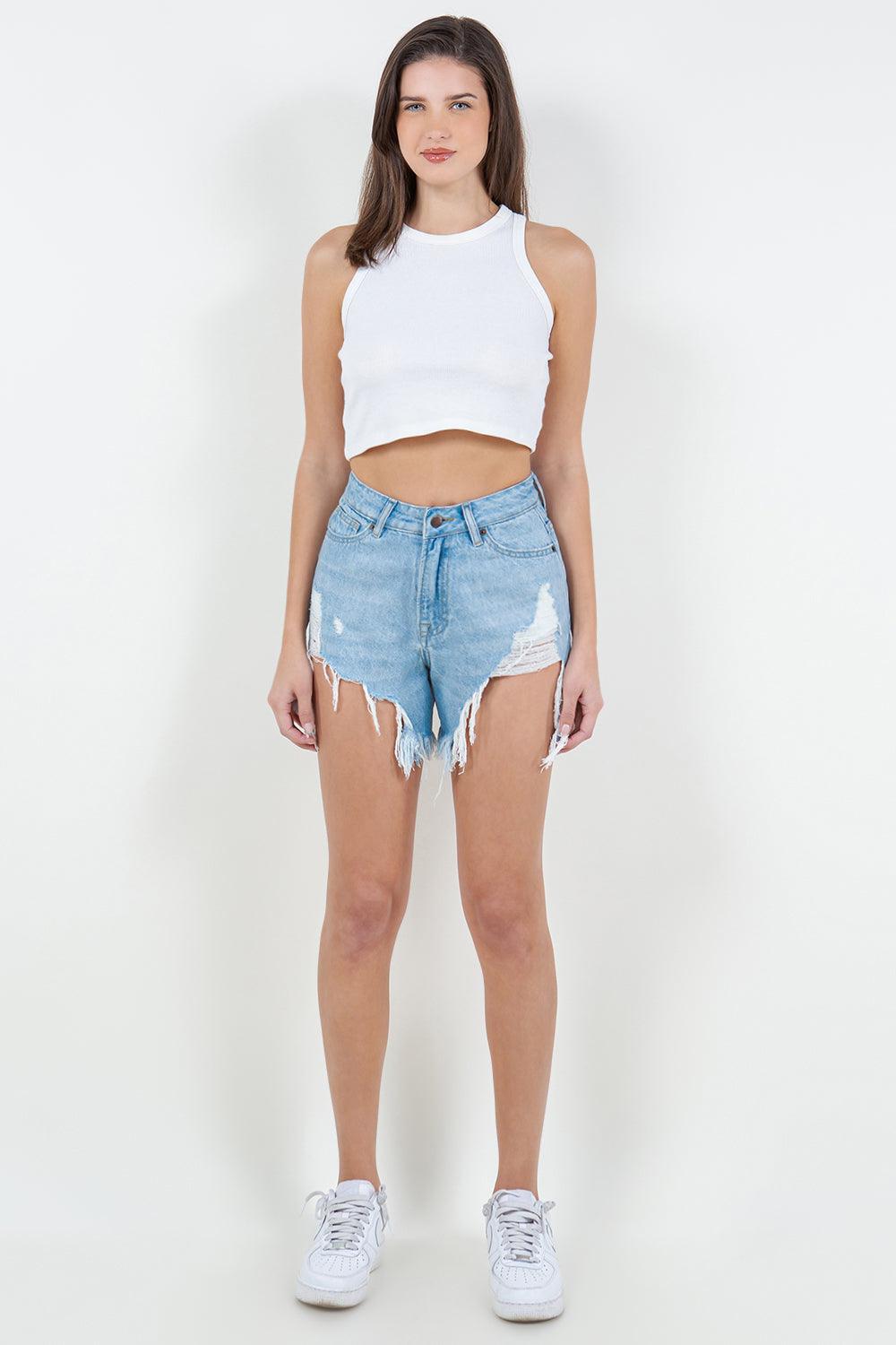 American Bazi High Waist Fringed Hem Denim Shorts