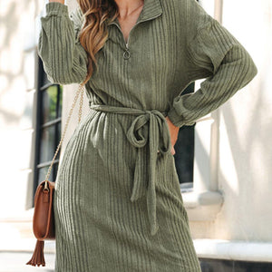 Perfee Tied Quarter Zip Long Sleeve Dress