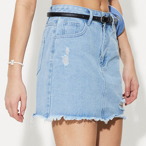 Distressed Raw Hem Mini Denim Skirt