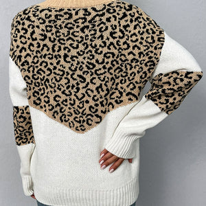 Leopard V-Neck Dropped Shoulder Sweater