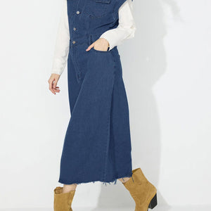 Slit Half Button Collared Neck Cap Sleeve Denim Dress