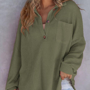 Waffle-Knit Dropped Shoulder Long Sleeve Sweatshirt