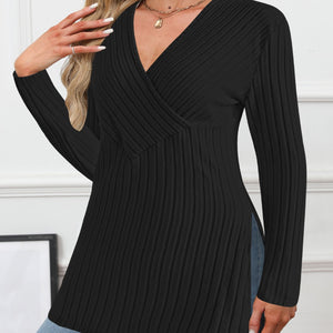 Ribbed Surplice Long Sleeve T-Shirt