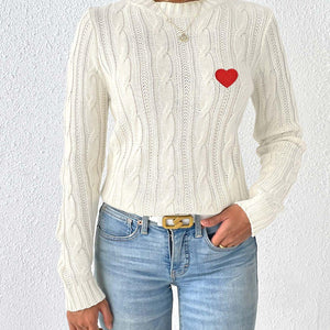 Cable-Knit Heart Round Neck Long Sleeve Sweater