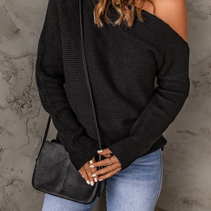 Double Take Horizontal Ribbing One-Shoulder Sweater