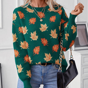 Maple Leaf Round Neck Long Sleeve Sweater