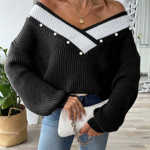 Contrast Trim Dropped Shoulder Long Sleeve Sweater