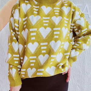 Heart Contrast Long Sleeve Dropped Shoulder Sweater