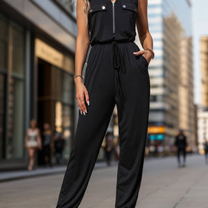 Perfee Half Zip Sleeveless Jumpsuit with Pockets