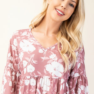 Celeste Full Size Tiered Floral V-Neck Long Sleeve Blouse