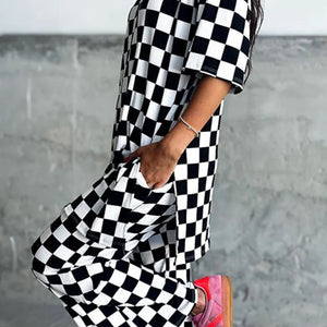 Checkered Round Neck Half Sleeve Top and Pants Set