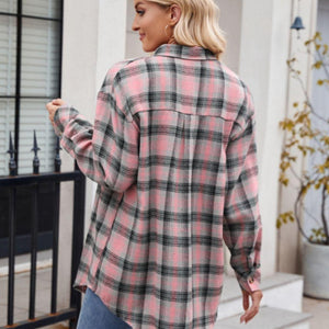 Mandy Pocketed Plaid Collared Neck Long Sleeve Shirt