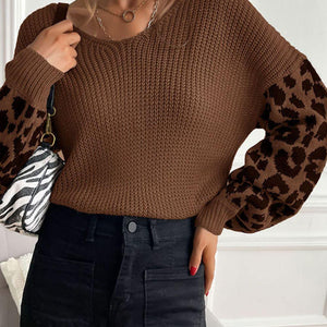 Perfee Leopard Sleeve Dropped Shoulder Sweater