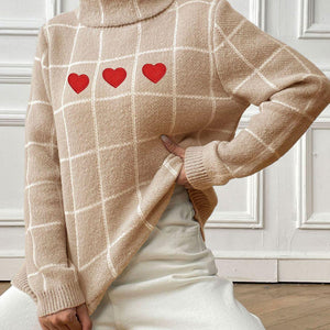 Heart Plaid Turtleneck Long Sleeve Sweater