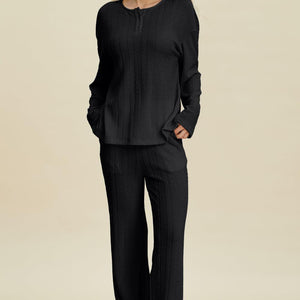 Double Take Full Size Cable-Knit Long Sleeve Top and Pants Set