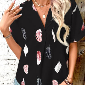 Full Size Printed Collared Neck Short Sleeve Blouse