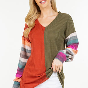 Celeste Full Size Contrast Striped V-Neck Long Sleeve Blouse