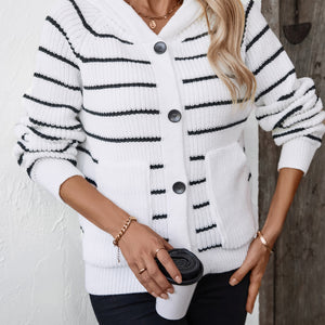 Striped Button Up Long Sleeve Hooded Cardigan