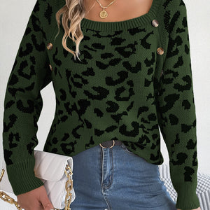 Leopard Buttoned Square Neck Sweater