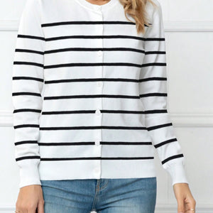 Striped Round Neck Button Up Cardigan