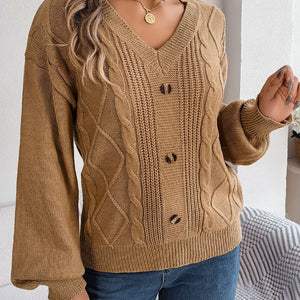 Cable-Knit Buttoned V-Neck Sweater