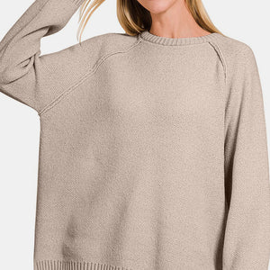 Zenana Side Slit Raglan Sleeve Sweater