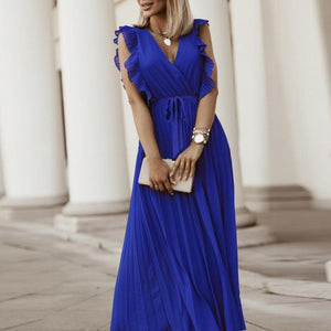 Tied Surplice Cap Sleeve Pleated Dress