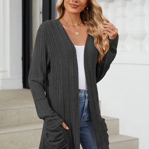 Pocketed Open Front Long Sleeve Cardigan